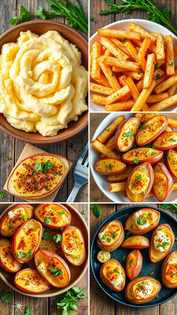 A collage of delicious potato dishes including mashed potatoes, fries, and roasted potatoes.